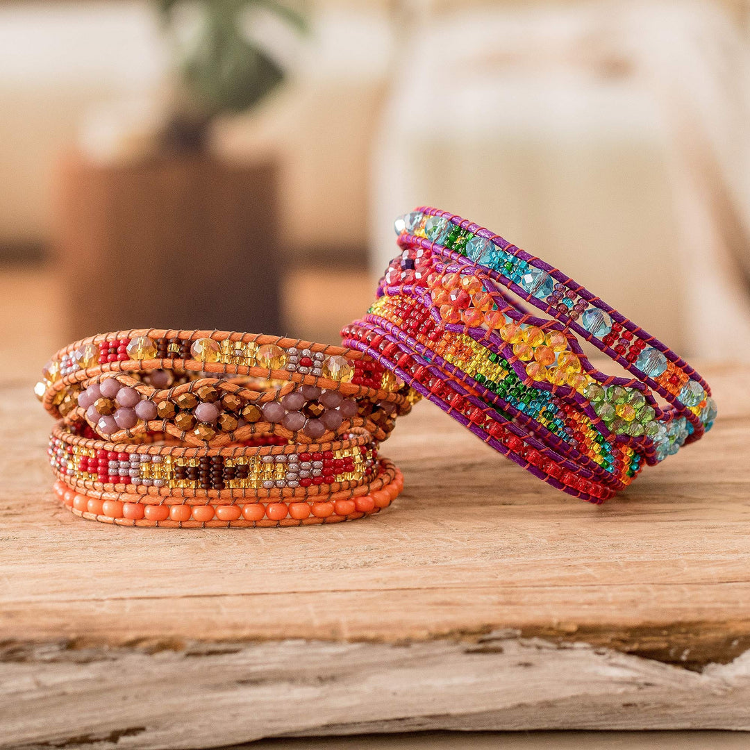 Two Handcrafted Beaded Positive Energy Long Wrap Bracelets - Protection and Joy