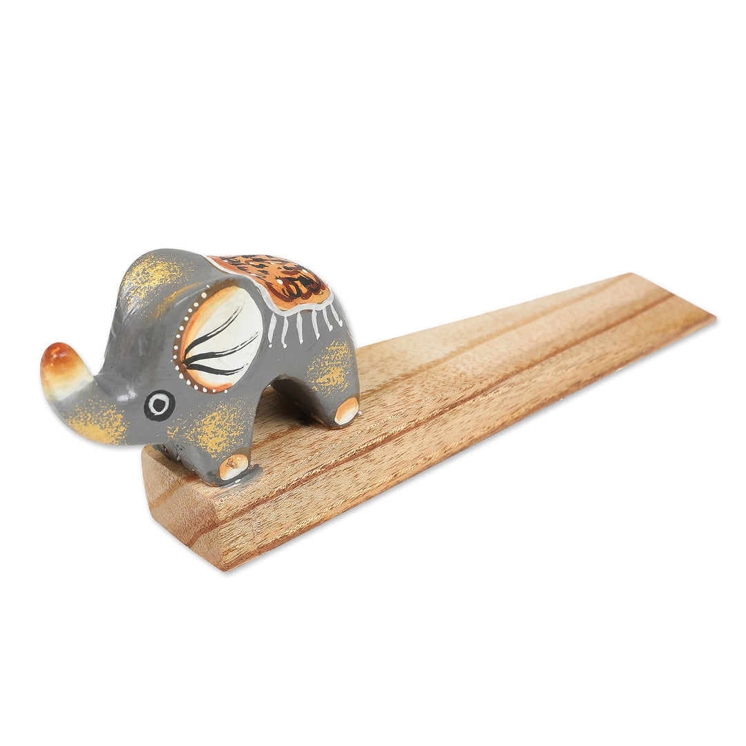 Handcrafted Elephant-Themed Grey Jempinis Wood Door Stopper - Tiny Giant