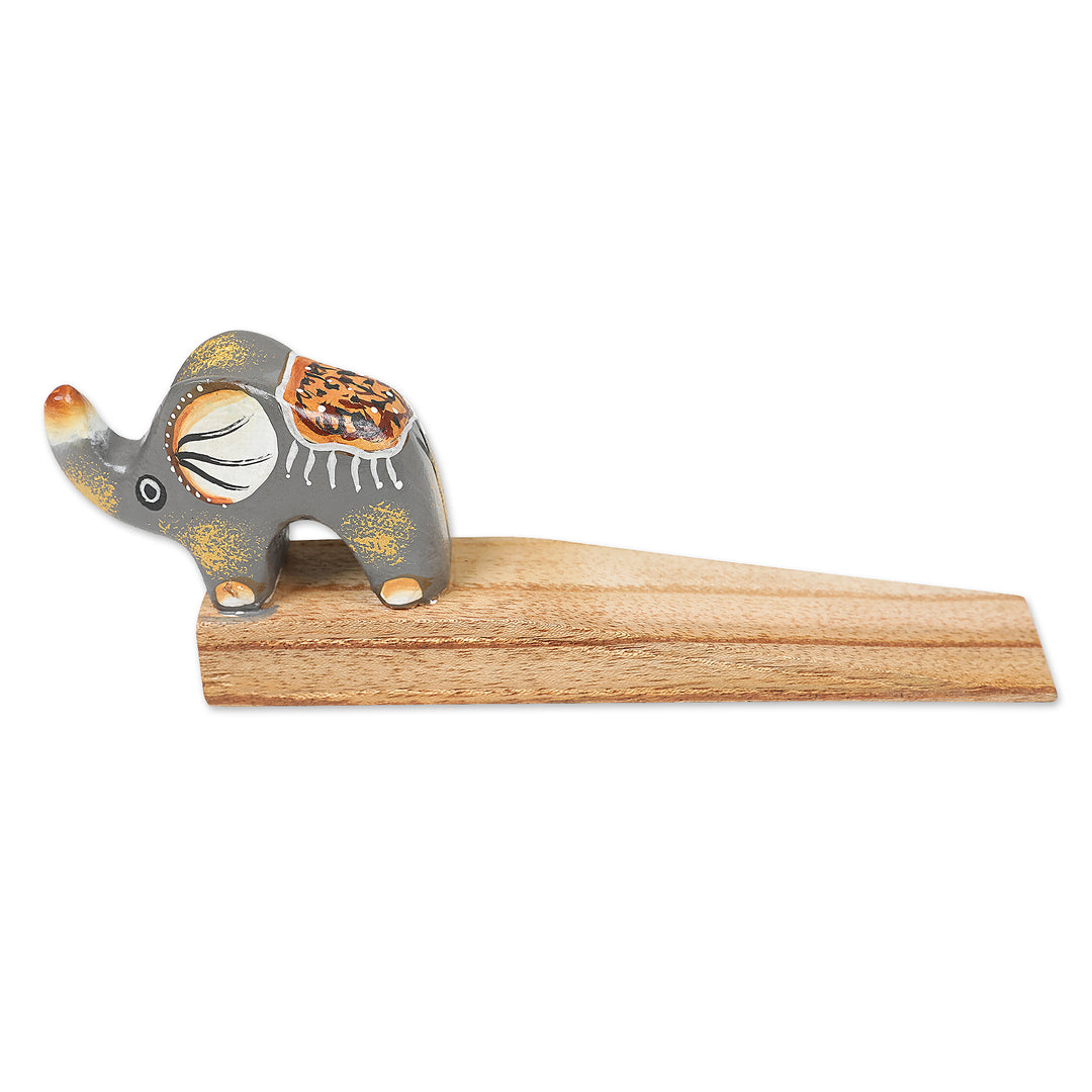 Handcrafted Elephant-Themed Grey Jempinis Wood Door Stopper - Tiny Giant