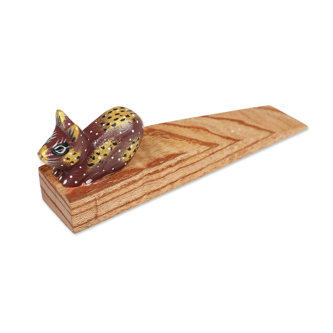 Handcrafted Jempinis Wood Door Stop with Painted Cat - Feline Entrance