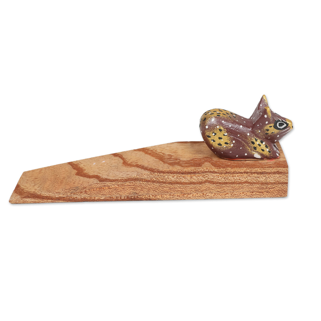 Handcrafted Jempinis Wood Door Stop with Painted Cat - Feline Entrance
