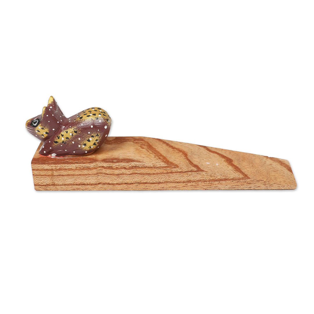Handcrafted Jempinis Wood Door Stop with Painted Cat - Feline Entrance