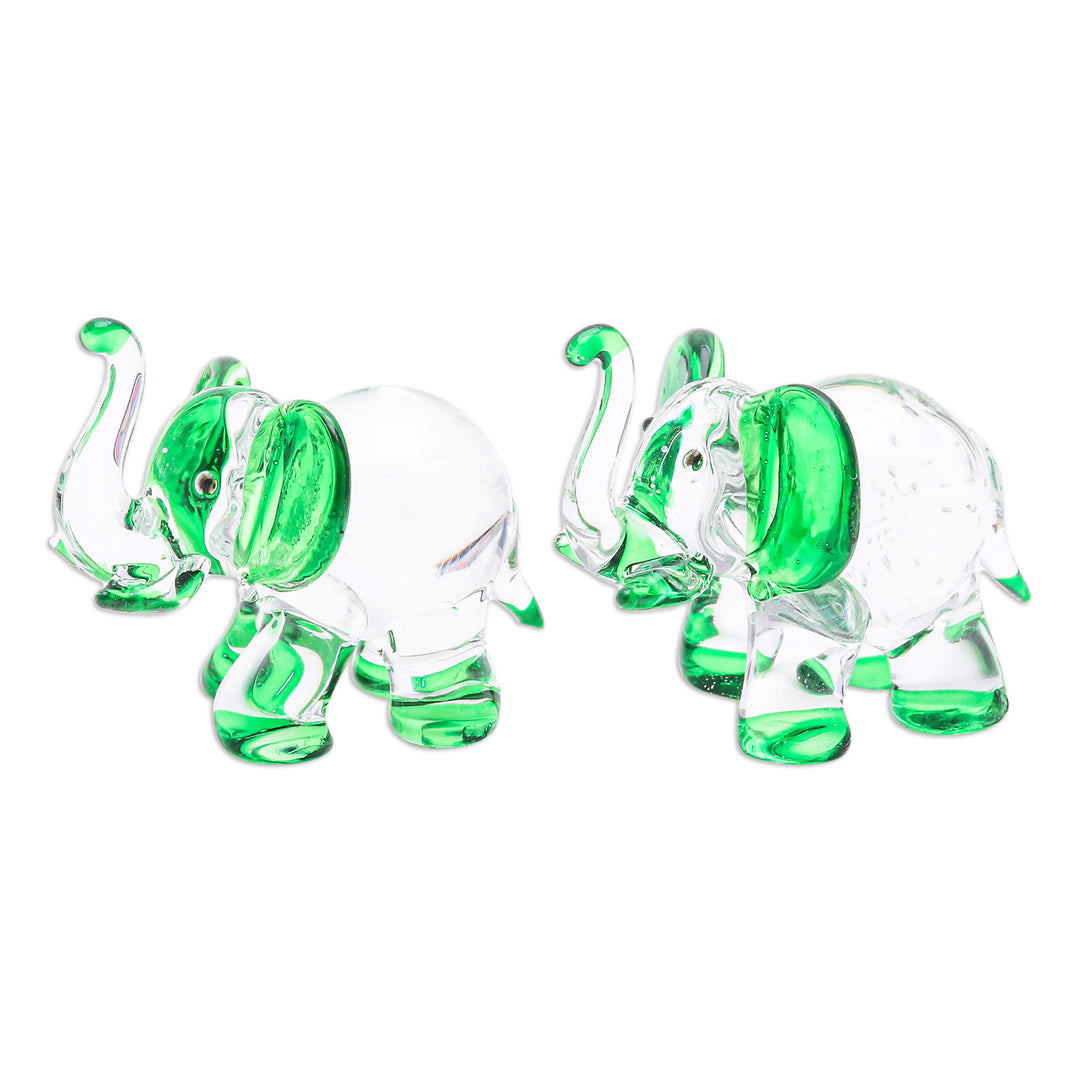 Set of 2 Elephant-Themed Handblown Glass Figurines in Green - Hope Trunks