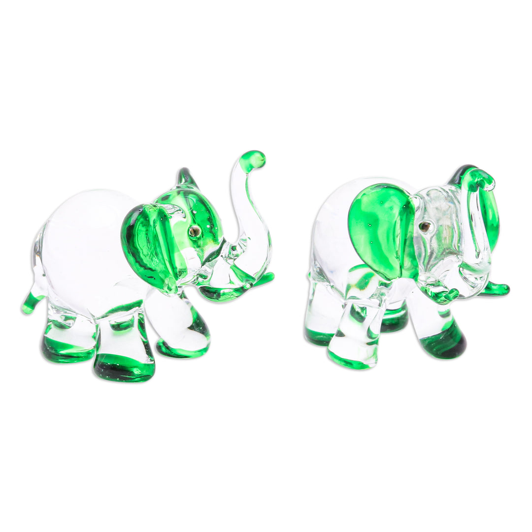 Set of 2 Elephant-Themed Handblown Glass Figurines in Green - Hope Trunks