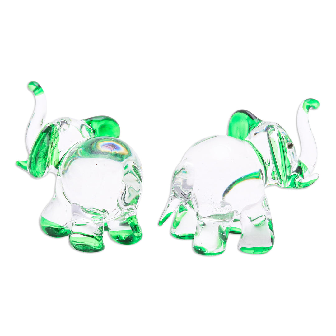 Set of 2 Elephant-Themed Handblown Glass Figurines in Green - Hope Trunks