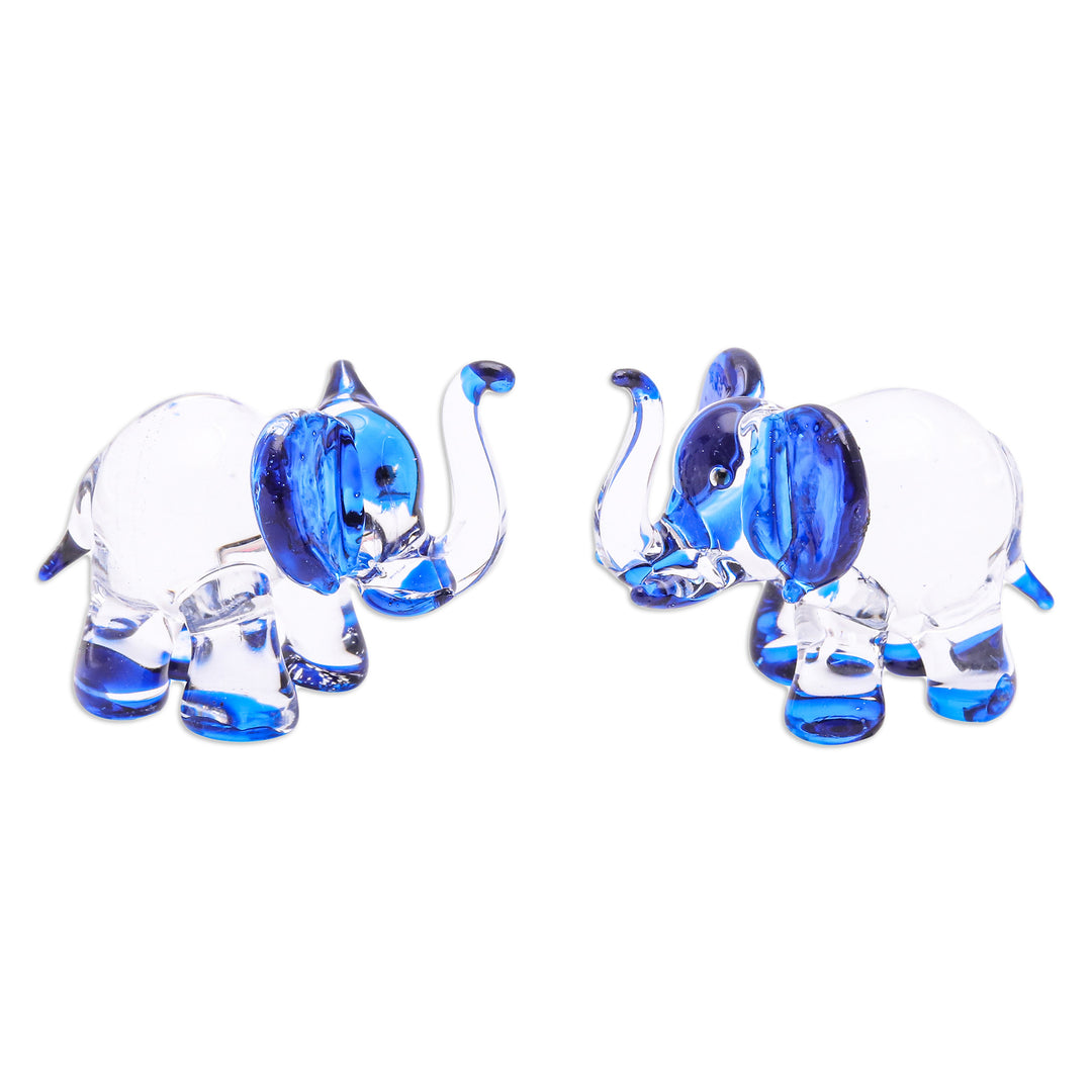 Set of 2 Elephant-Themed Handblown Glass Figurines in Blue - Intuition Trunks