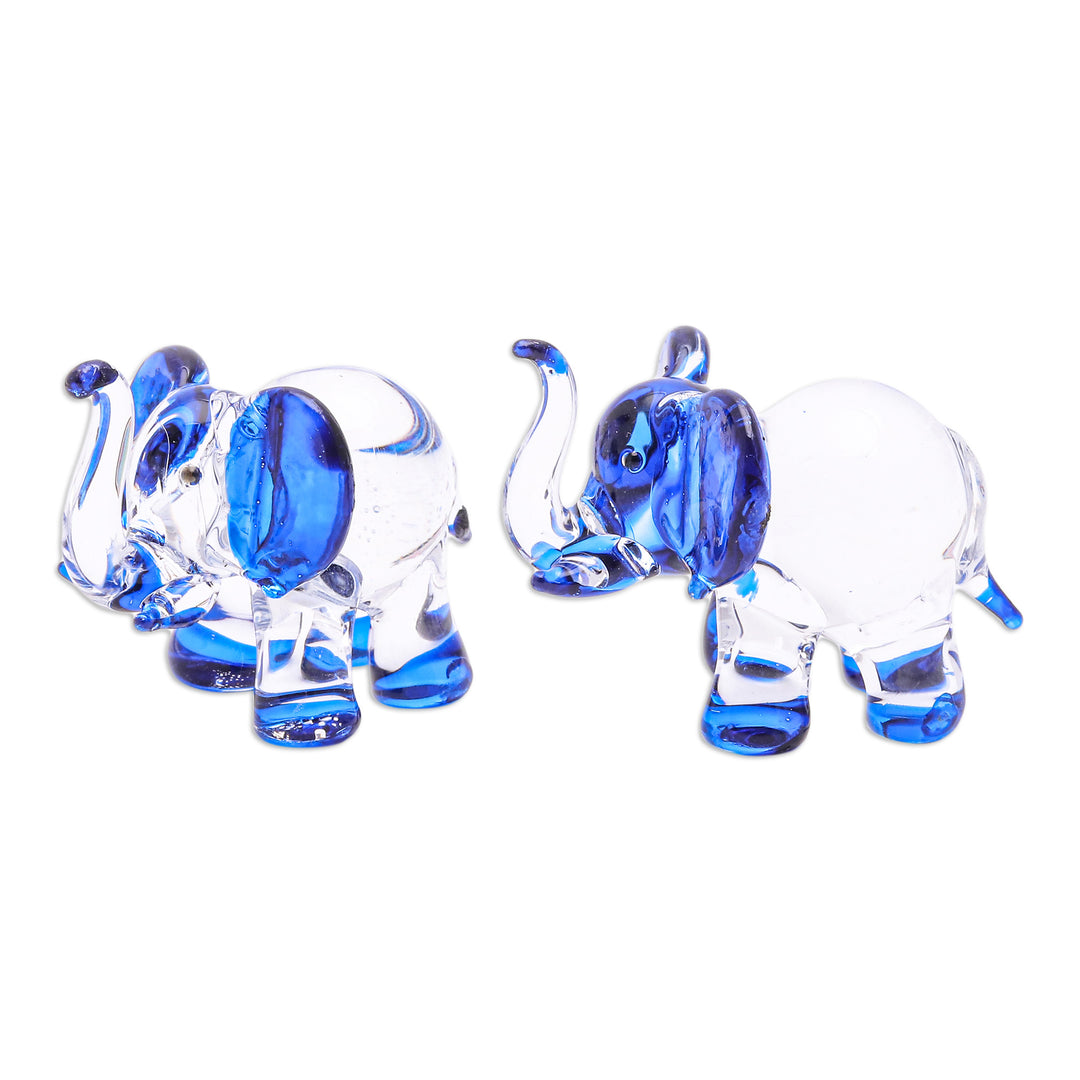 Set of 2 Elephant-Themed Handblown Glass Figurines in Blue - Intuition Trunks