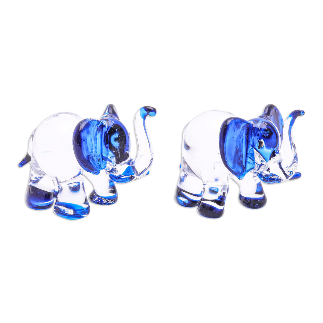 Set of 2 Elephant-Themed Handblown Glass Figurines in Blue - Intuition Trunks
