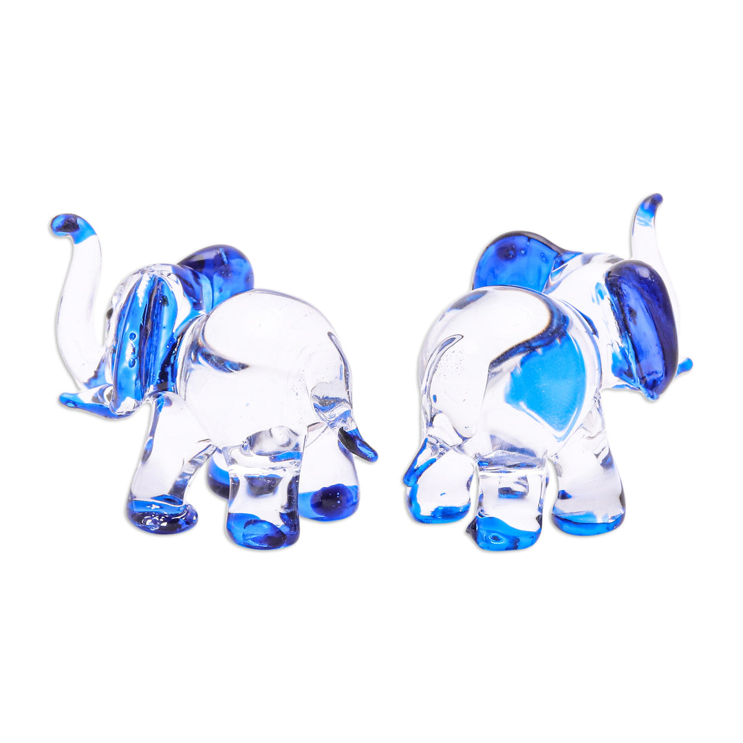 Set of 2 Elephant-Themed Handblown Glass Figurines in Blue - Intuition Trunks