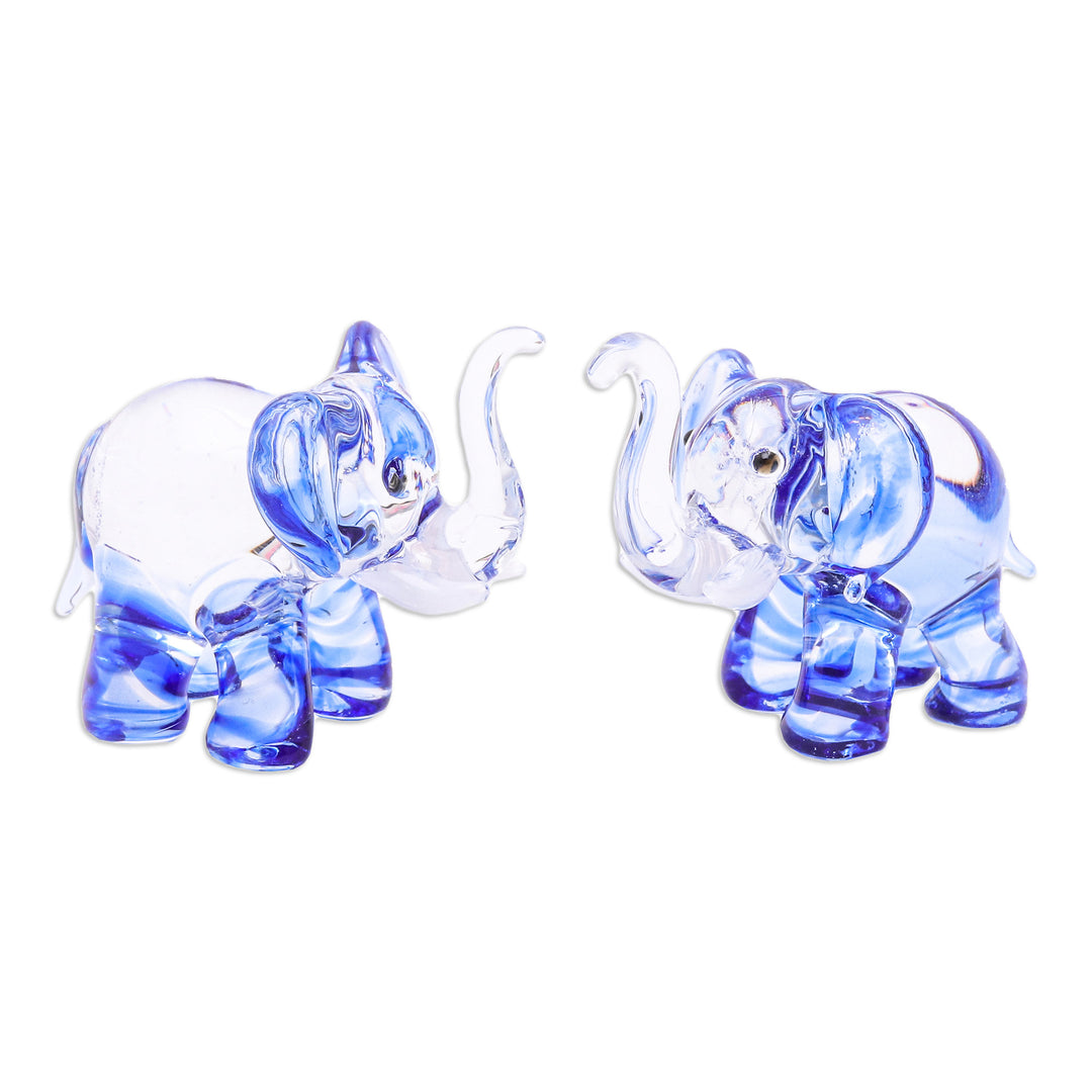 Pair of Blue-Toned Handblown Glass Elephant Figurines - The Blue Giants