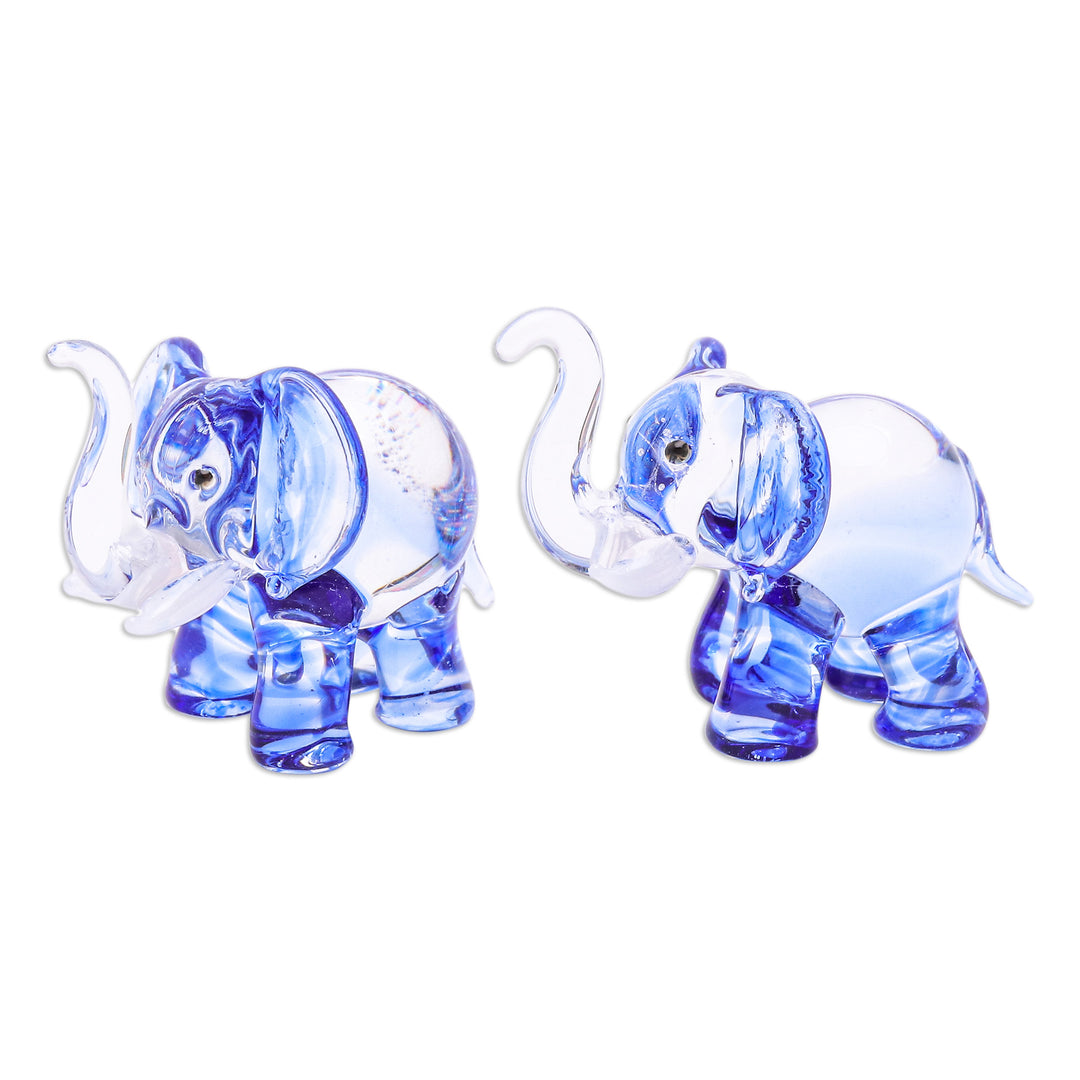 Pair of Blue-Toned Handblown Glass Elephant Figurines - The Blue Giants