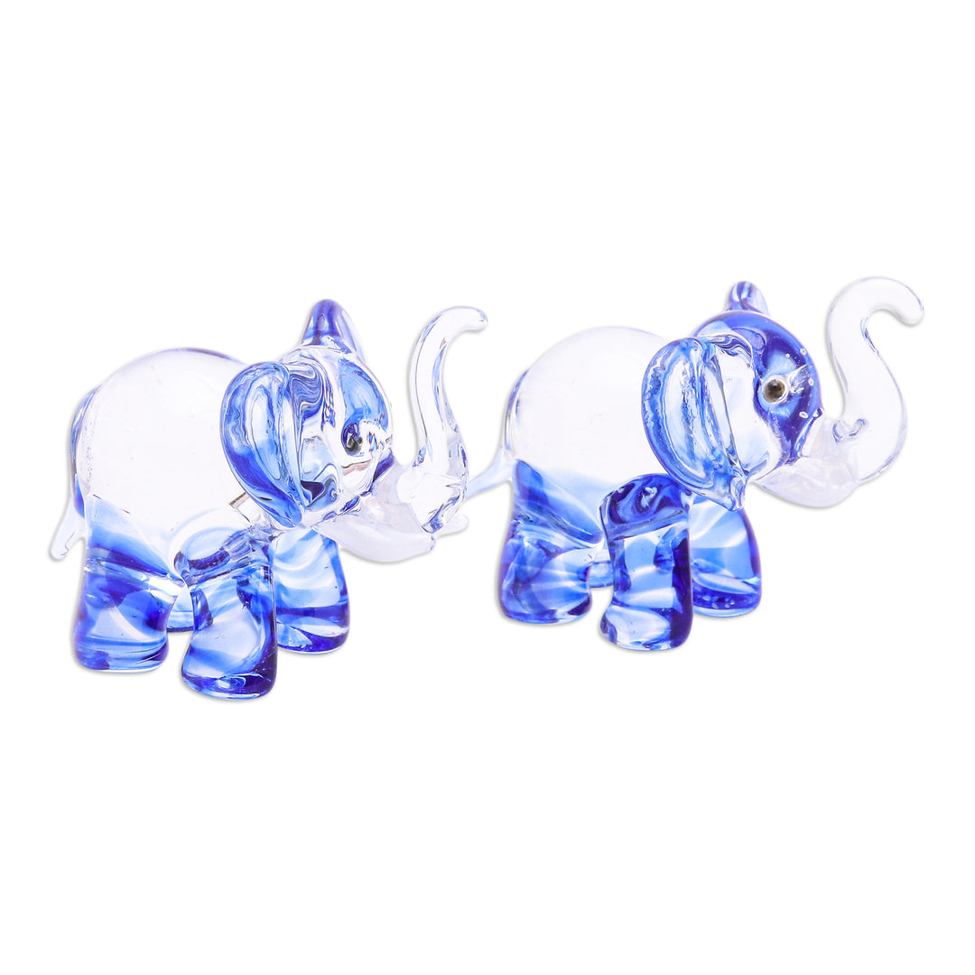 Pair of Blue-Toned Handblown Glass Elephant Figurines - The Blue Giants