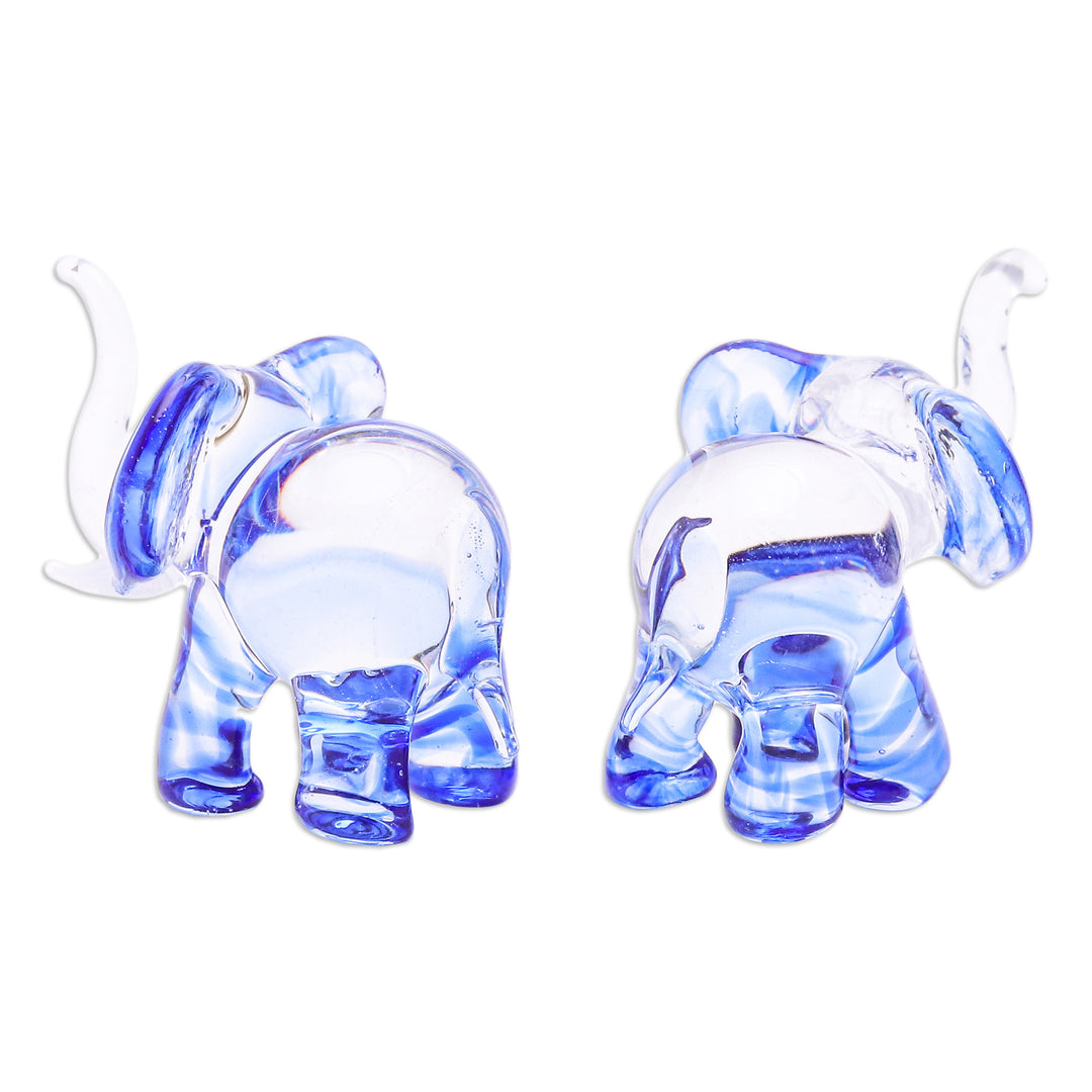 Pair of Blue-Toned Handblown Glass Elephant Figurines - The Blue Giants