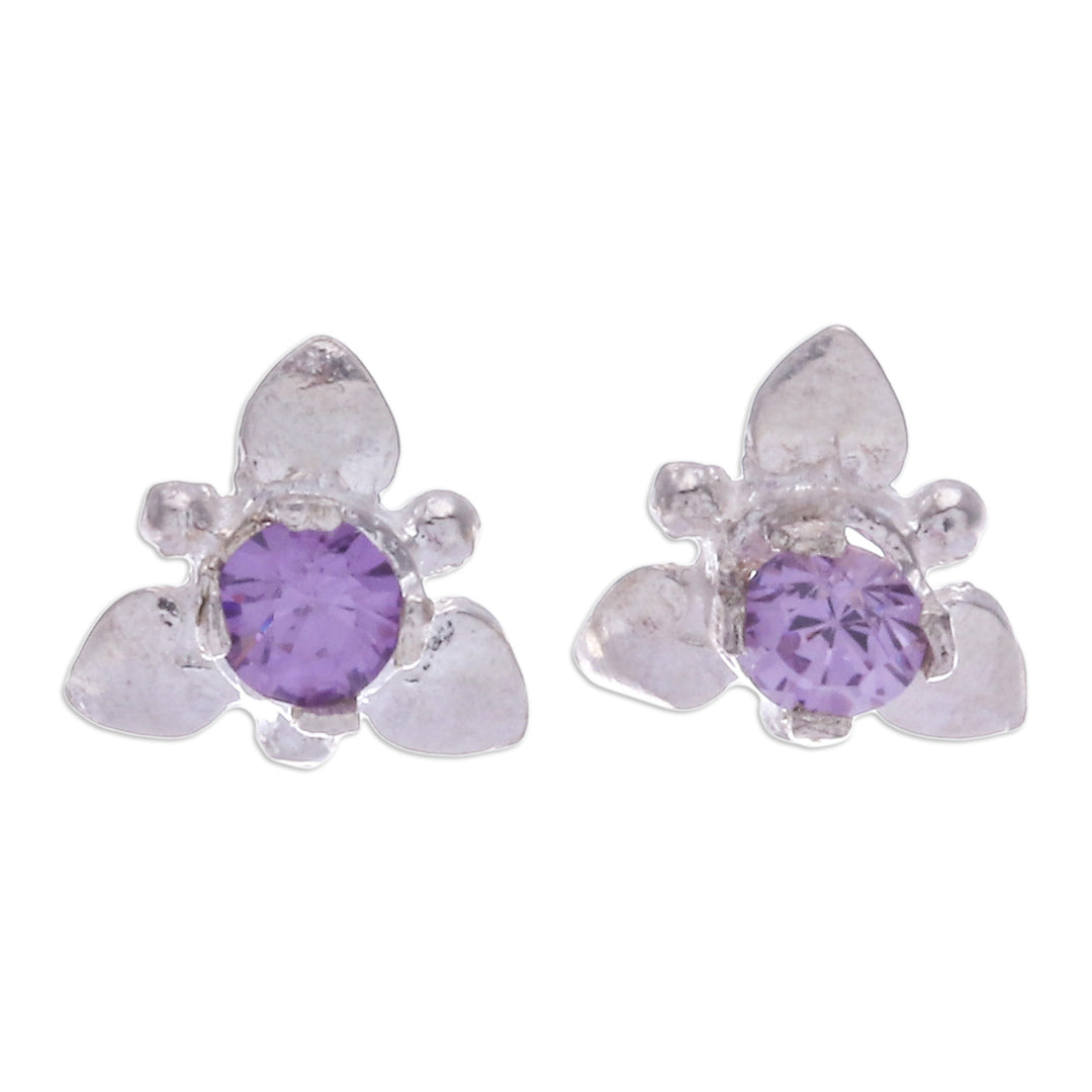 Flower-Themed Polished Faceted Amethyst Stud Earrings - Wisdom Flora