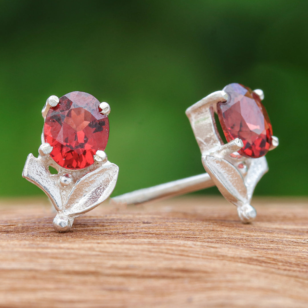Tulip-Shaped Faceted Garnet Sterling Silver Stud Earrings - Passion Tulip