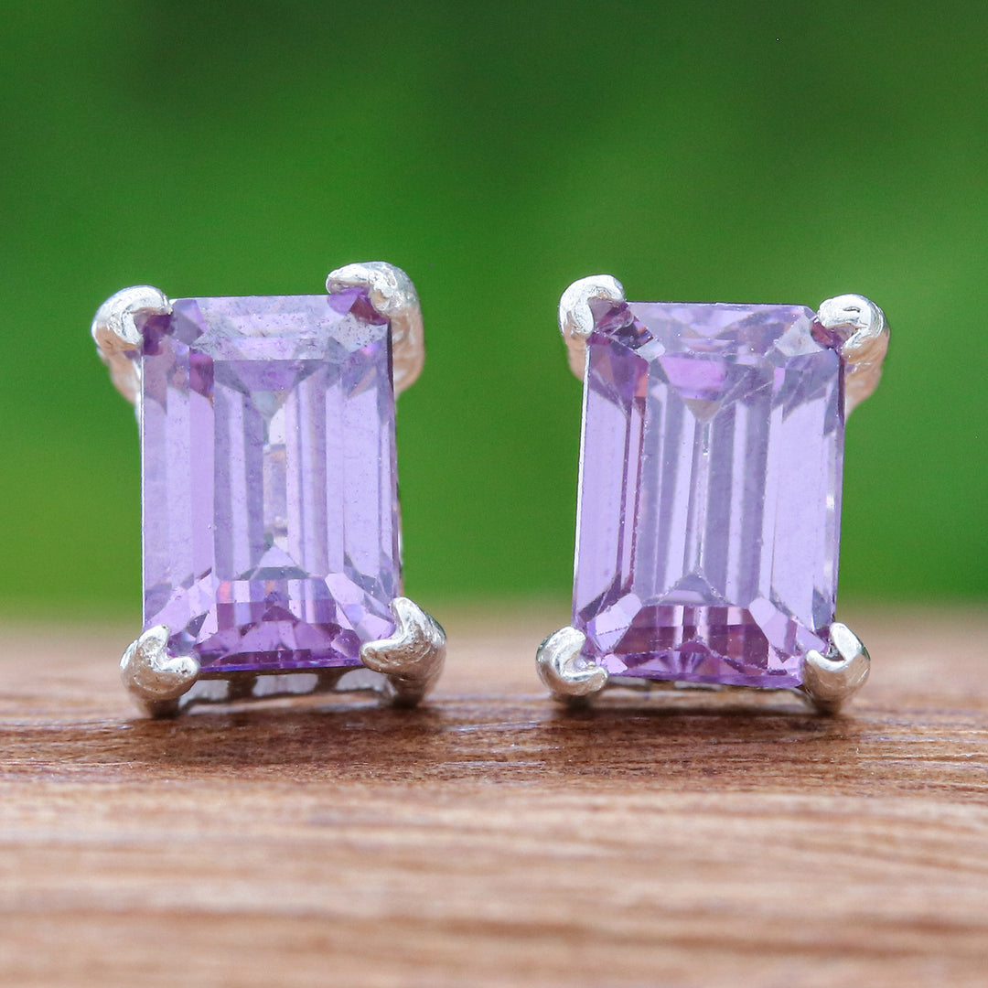 High-Polished Baguette-Shaped Amethyst Stud Earrings - Purple Baroness
