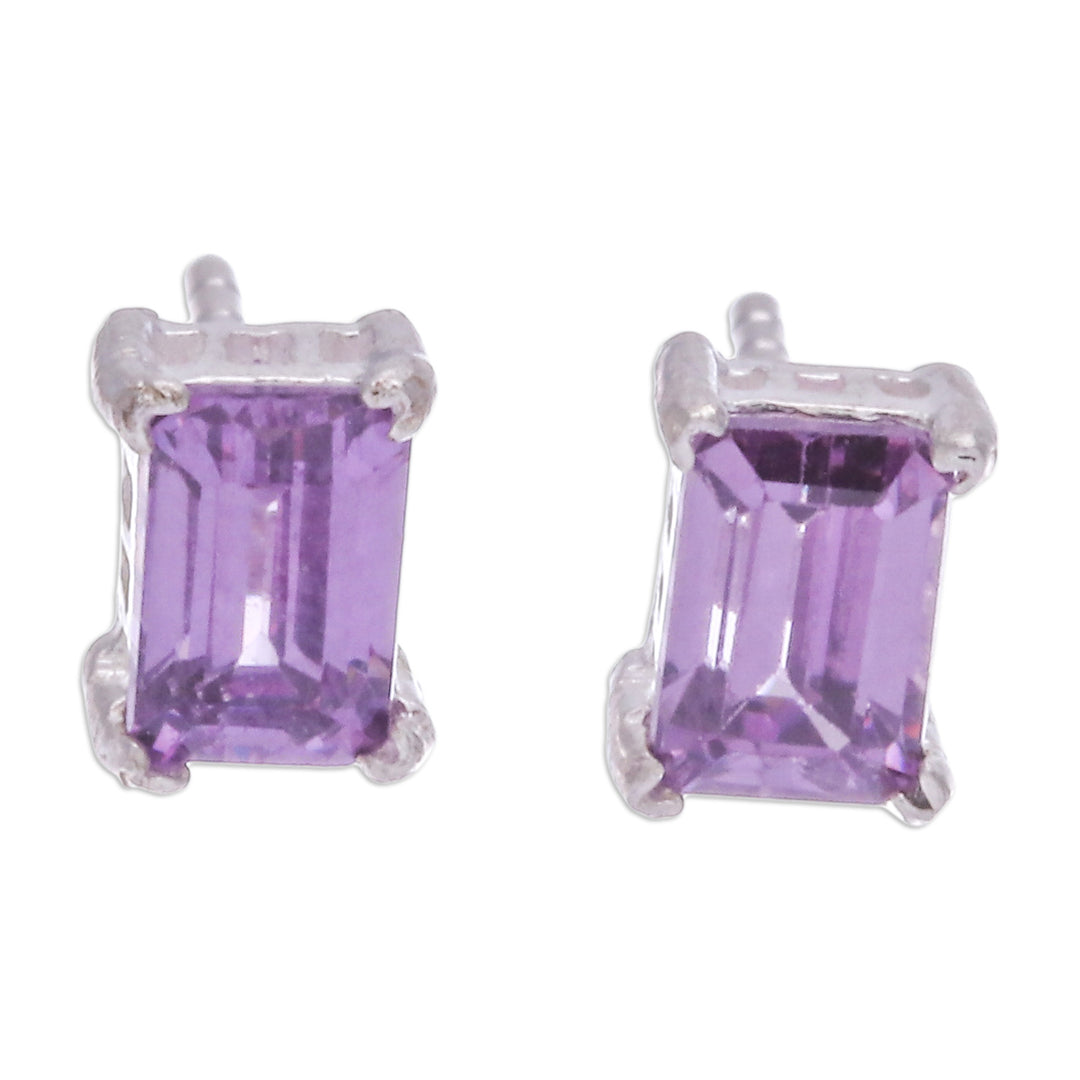 High-Polished Baguette-Shaped Amethyst Stud Earrings - Purple Baroness