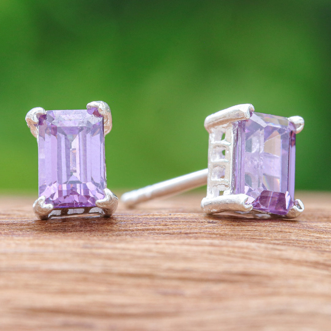 High-Polished Baguette-Shaped Amethyst Stud Earrings - Purple Baroness