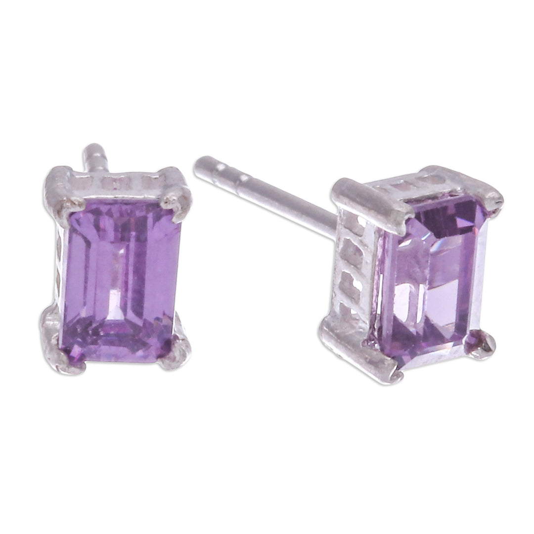 High-Polished Baguette-Shaped Amethyst Stud Earrings - Purple Baroness