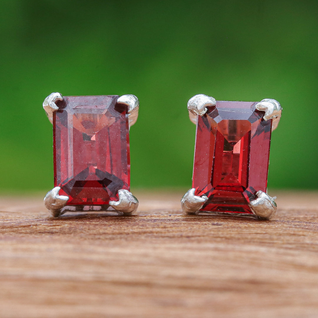 High-Polished Baguette-Shaped Garnet Stud Earrings - Crimson Baroness