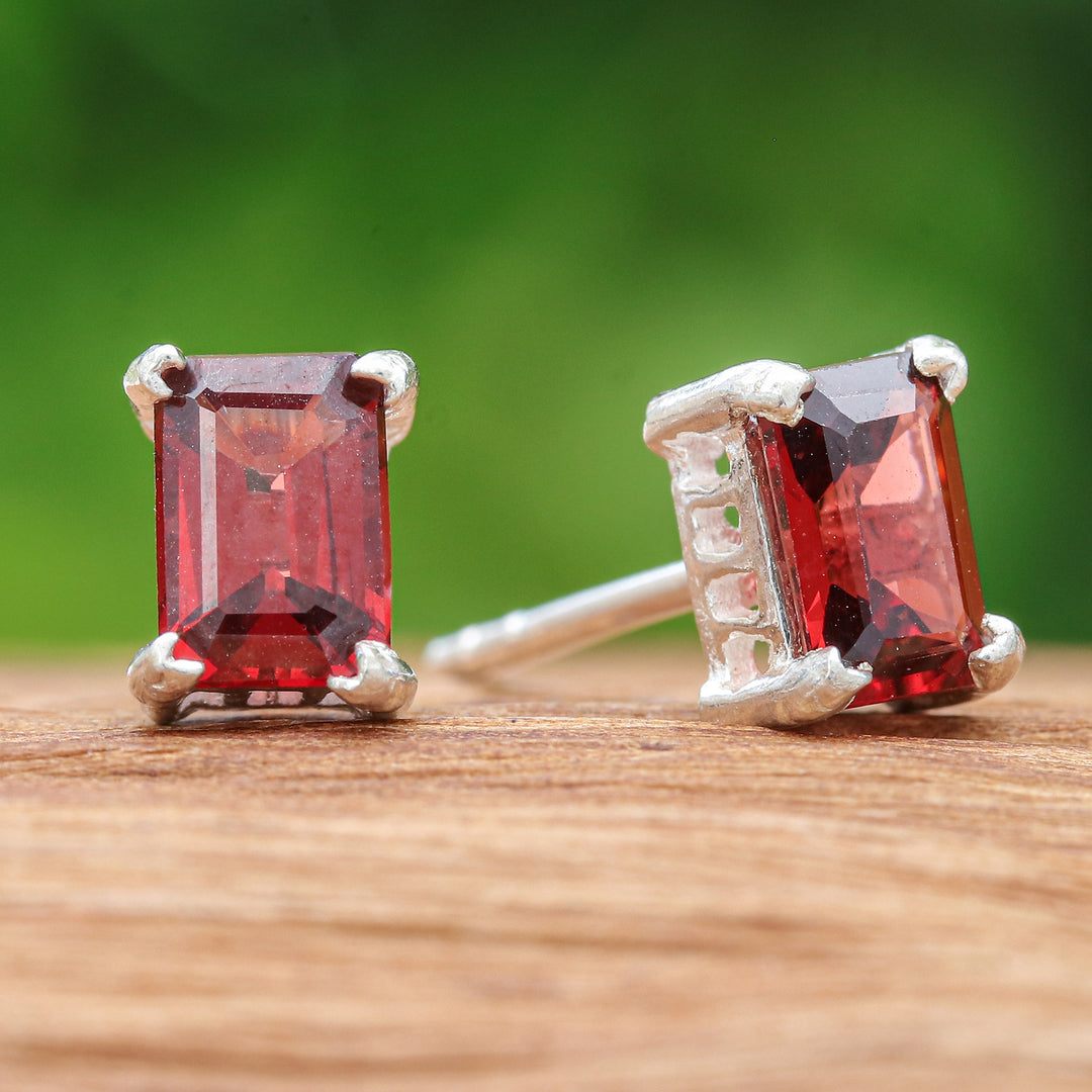 High-Polished Baguette-Shaped Garnet Stud Earrings - Crimson Baroness