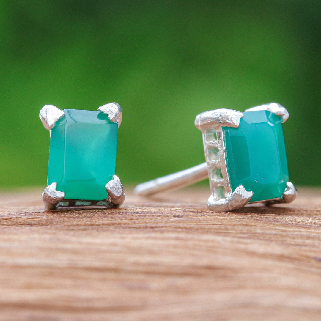 High-Polished Baguette-Shaped Chalcedony Stud Earrings - Green Baroness