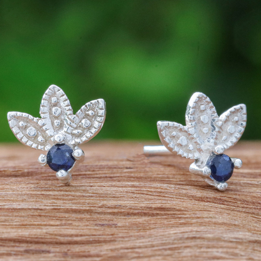 Floral Sterling Silver Stud Earrings with Sapphire Jewels - Prophet's Crown