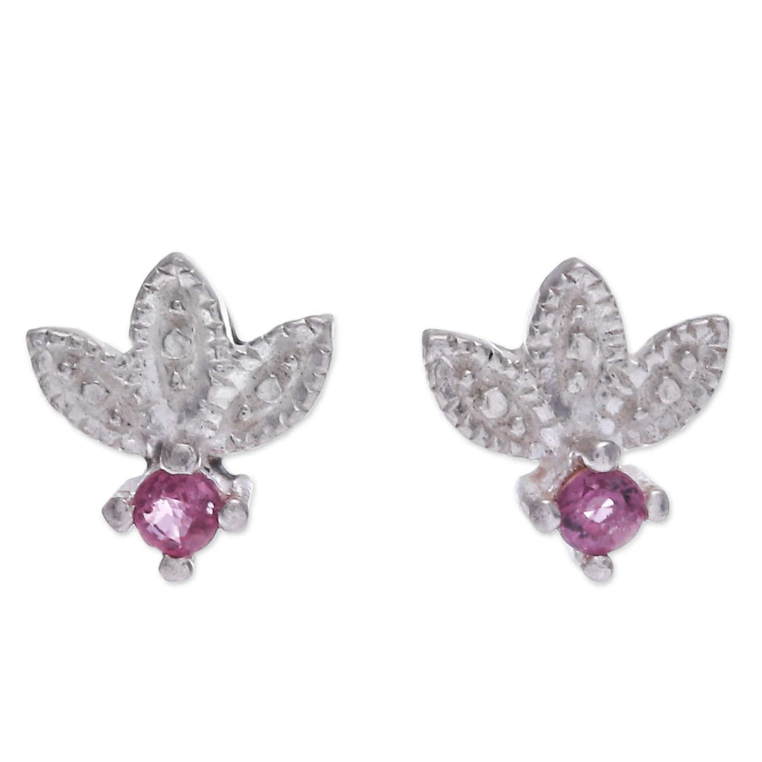 Floral Sterling Silver Stud Earrings with Ruby Jewels - Lover's Crown