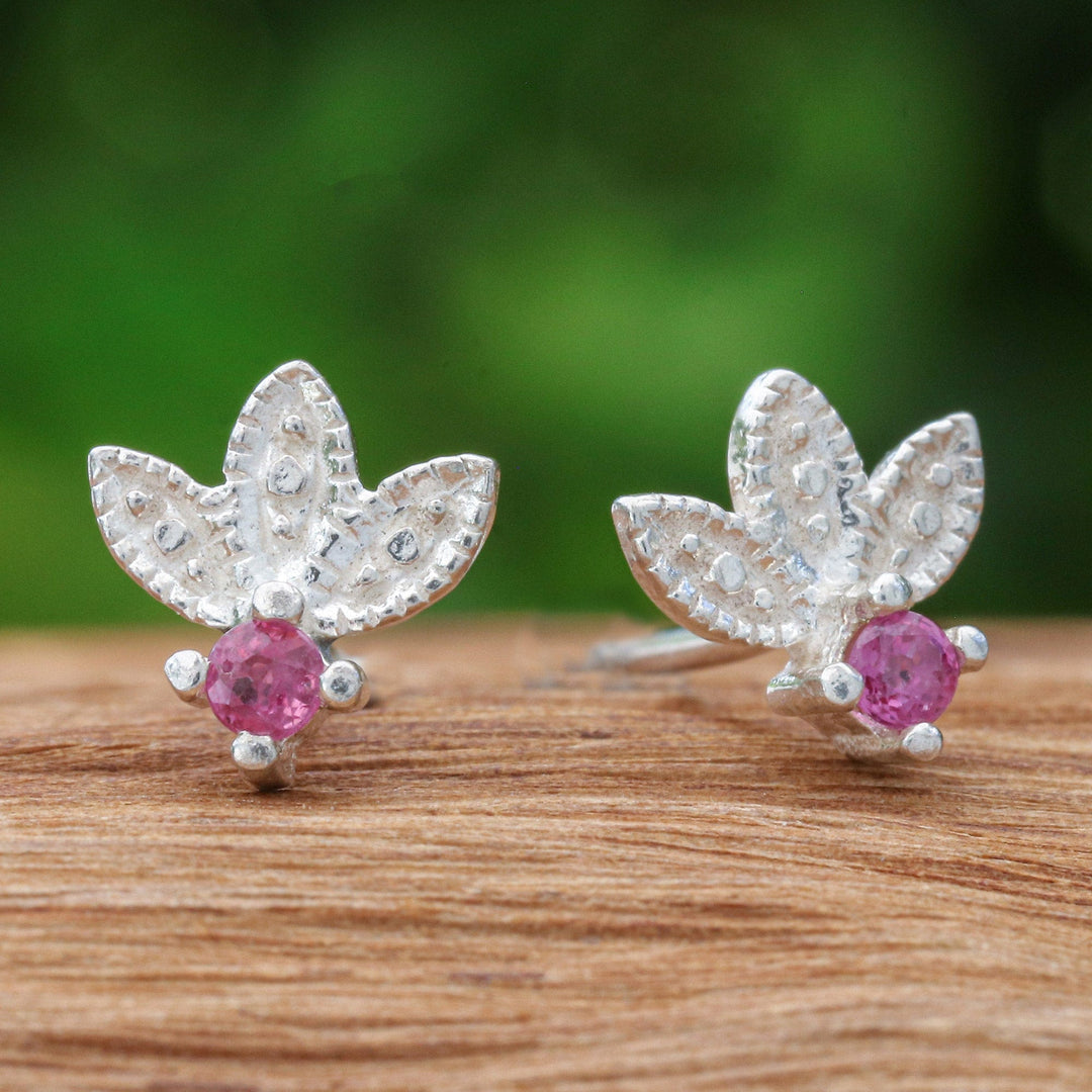 Floral Sterling Silver Stud Earrings with Ruby Jewels - Lover's Crown