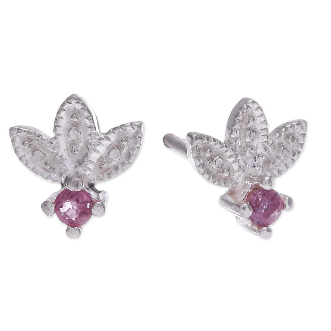 Floral Sterling Silver Stud Earrings with Ruby Jewels - Lover's Crown
