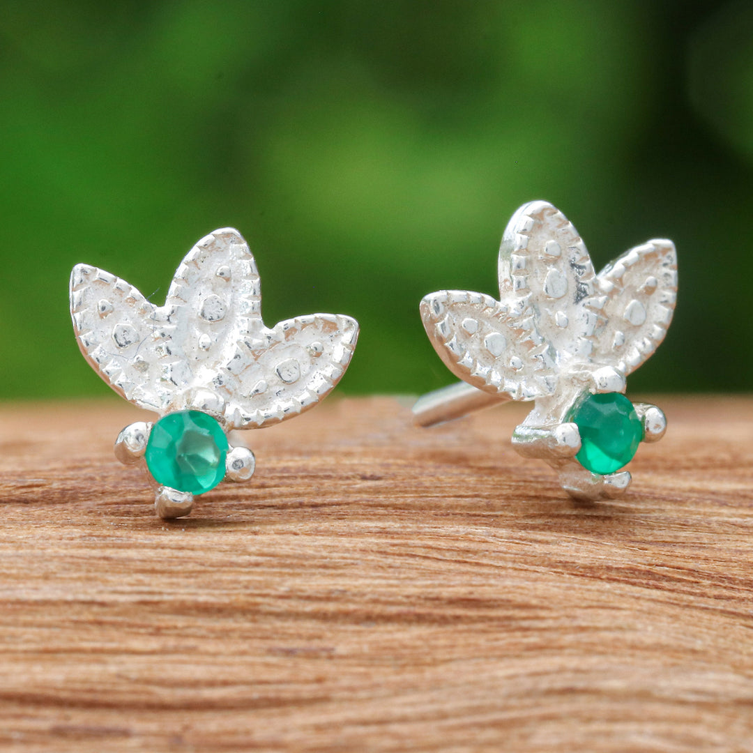 Floral Sterling Silver Stud Earrings with Chalcedony Jewels - Monarch's Crown