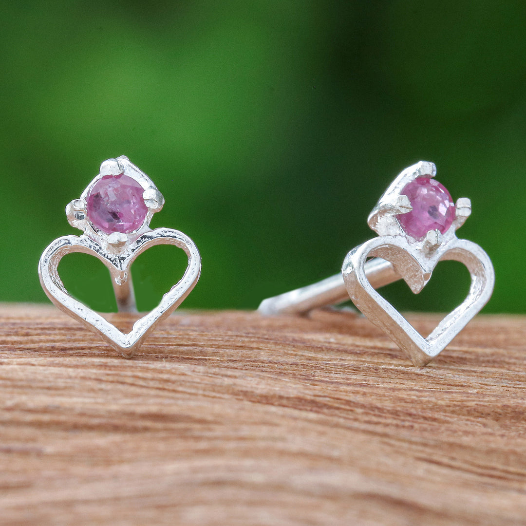 Heart-Shaped Faceted Ruby Stud Earrings from Thailand - Heart of Passions