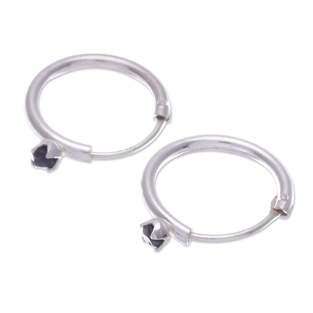 Polished Sterling Silver Hoop Earrings with Sapphire Gems - The Eternal Prophecy