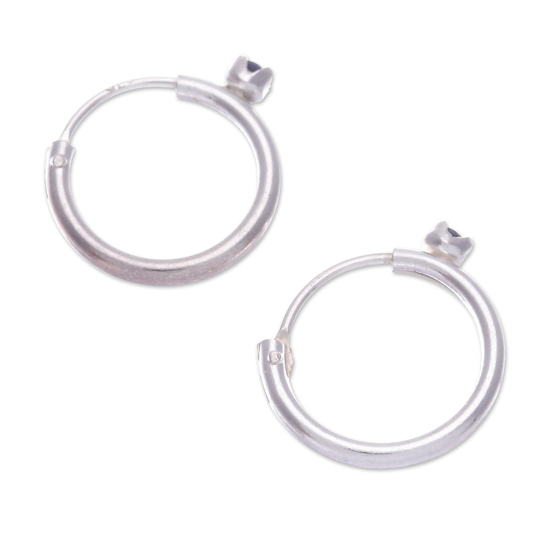 Polished Sterling Silver Hoop Earrings with Sapphire Gems - The Eternal Prophecy
