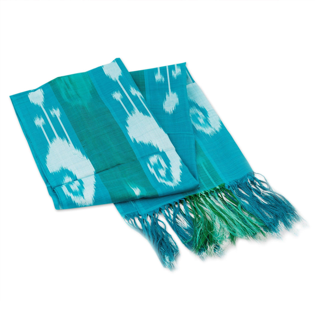 Handloomed Green and Blue Ikat Patterned Silk Scarf - Aquatic Road