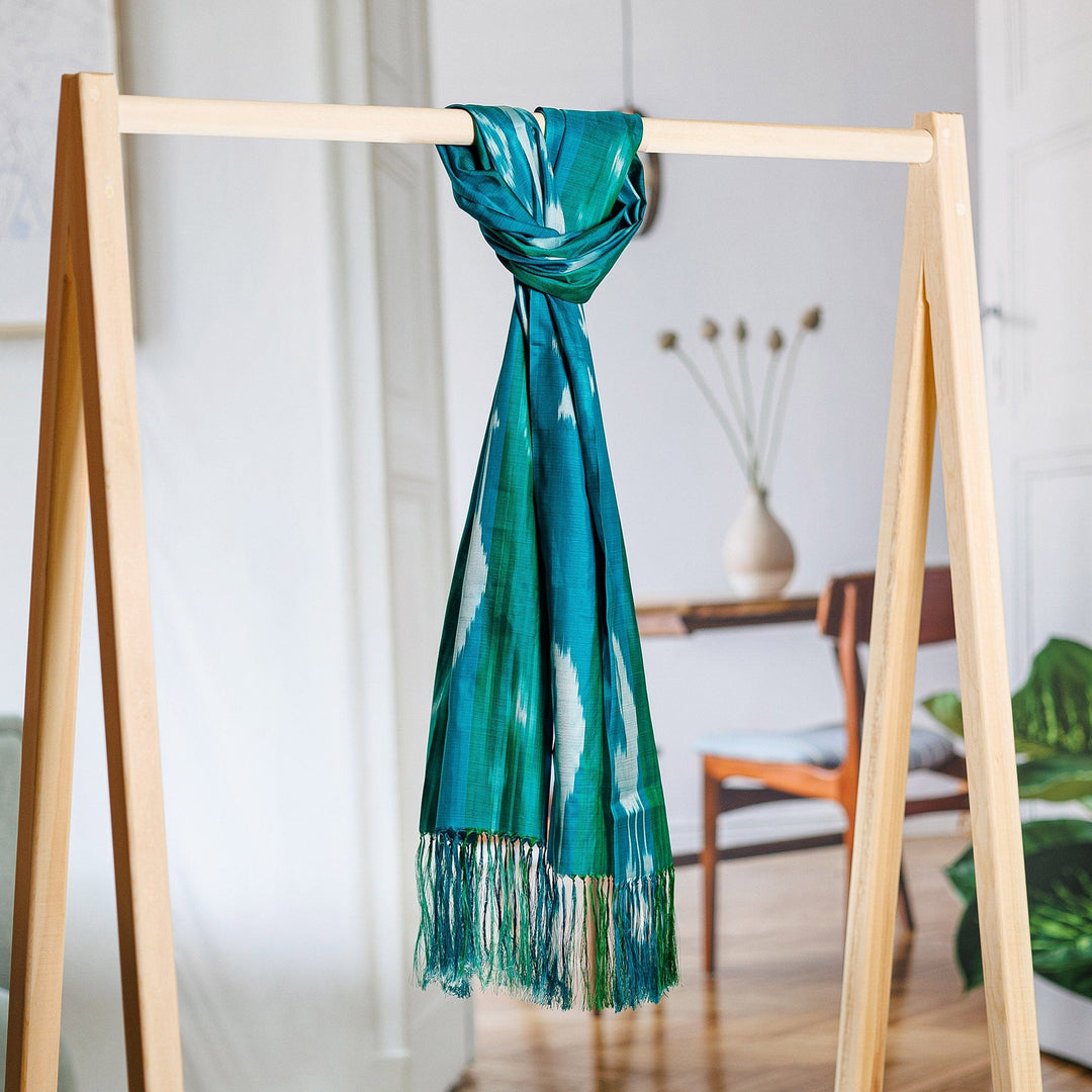 Handloomed Green and Blue Ikat Patterned Silk Scarf - Aquatic Road