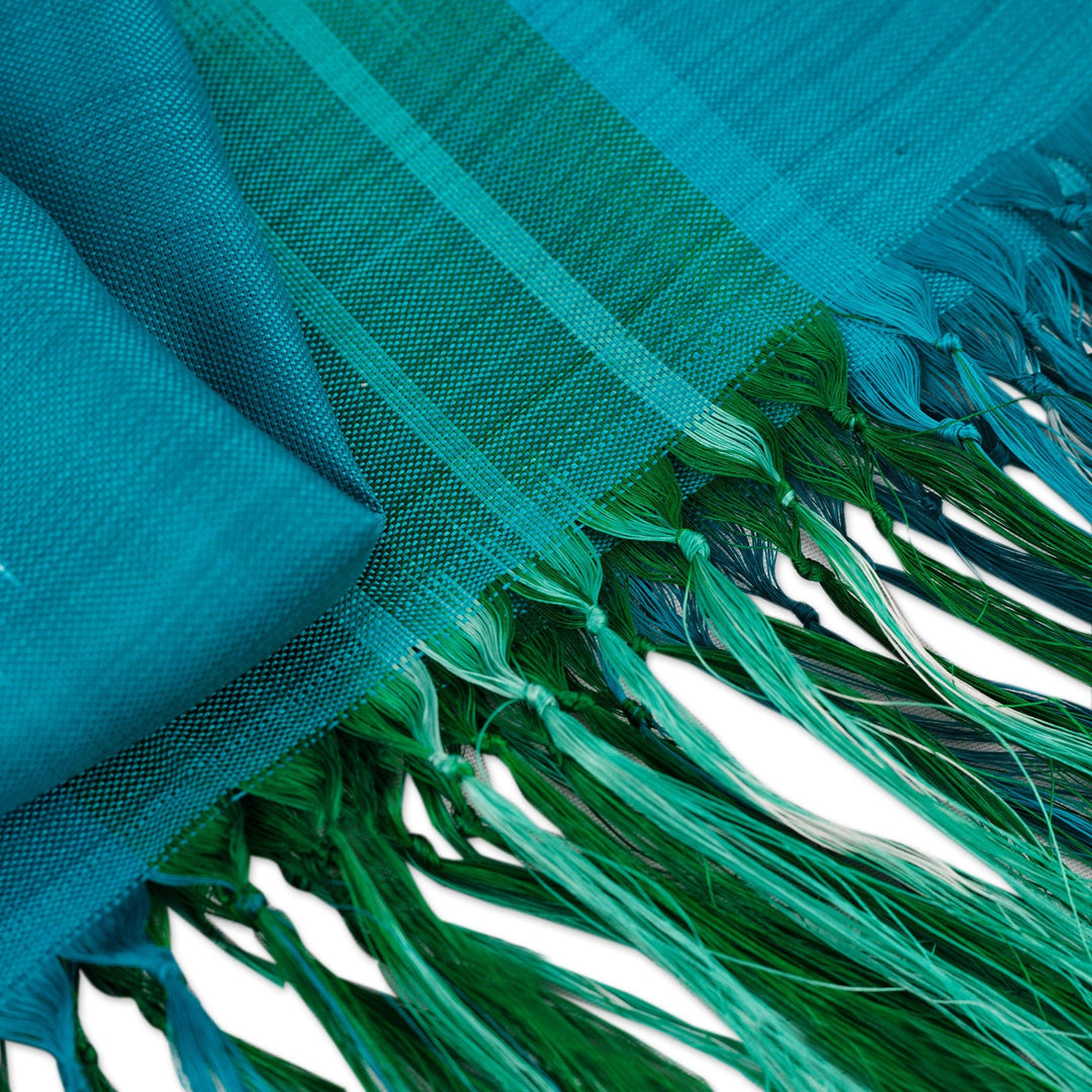 Handloomed Green and Blue Ikat Patterned Silk Scarf - Aquatic Road