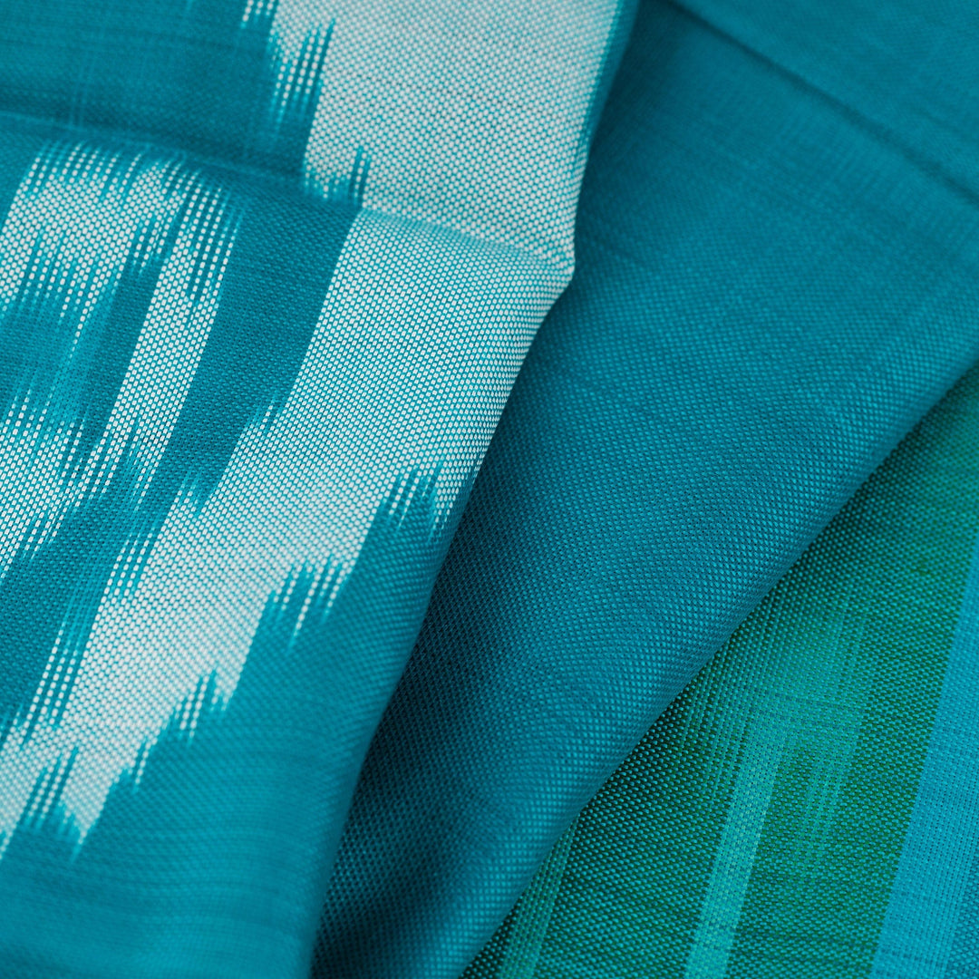 Handloomed Green and Blue Ikat Patterned Silk Scarf - Aquatic Road