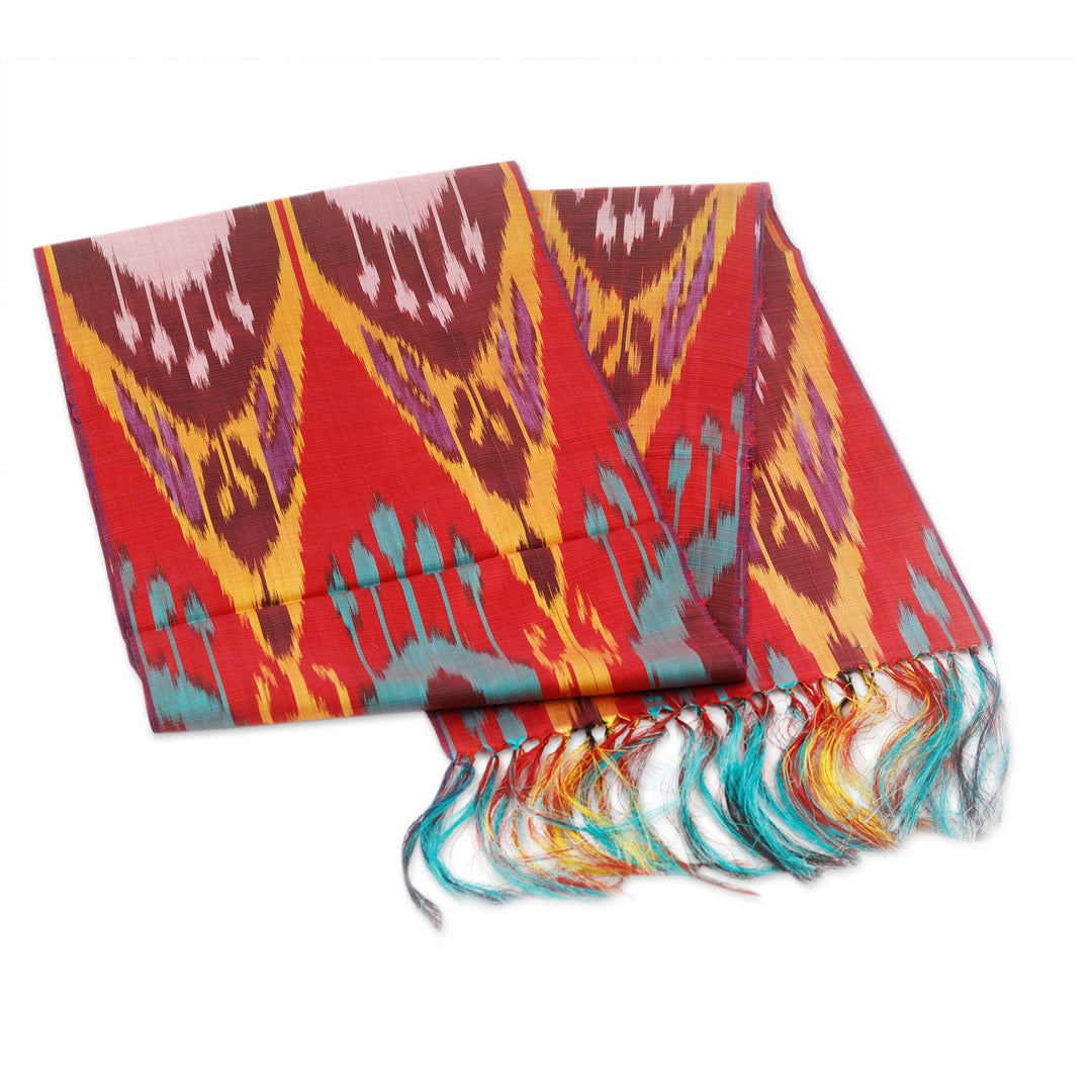 Handwoven Traditional Silk Scarf in Red and Teal Hues - Crimson Samarkand Renaissance