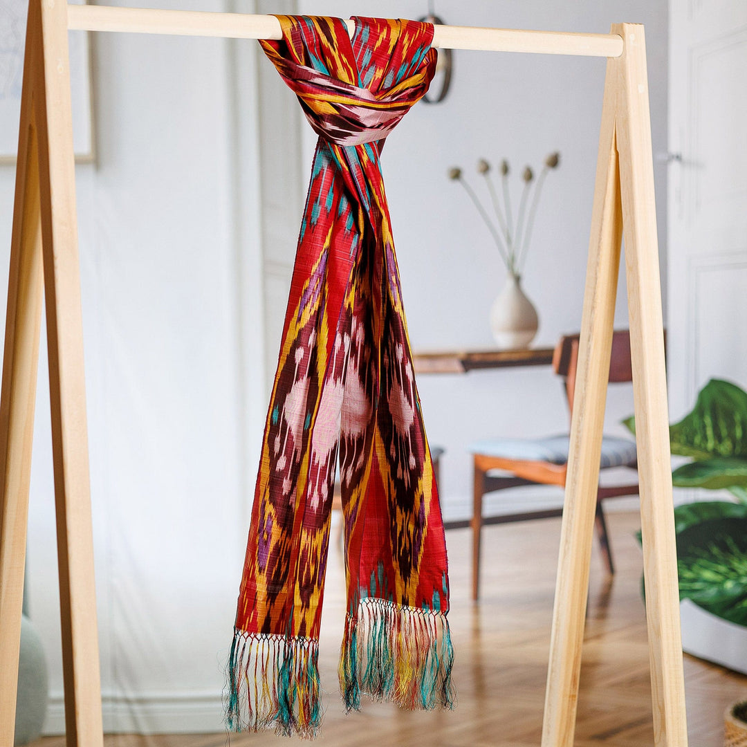 Handwoven Traditional Silk Scarf in Red and Teal Hues - Crimson Samarkand Renaissance