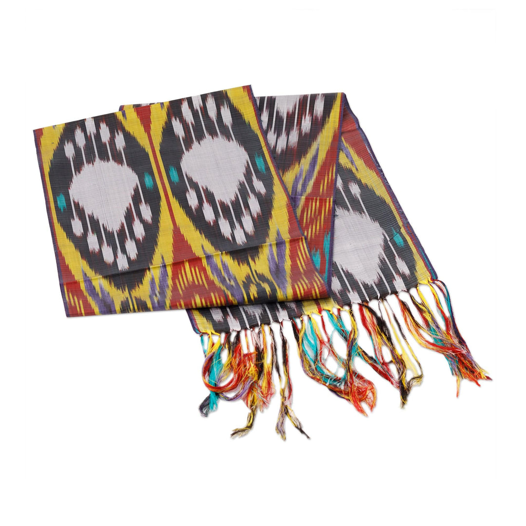Handwoven Traditional Silk Scarf in Yellow and Red Hues - Yellow Samarkand Renaissance