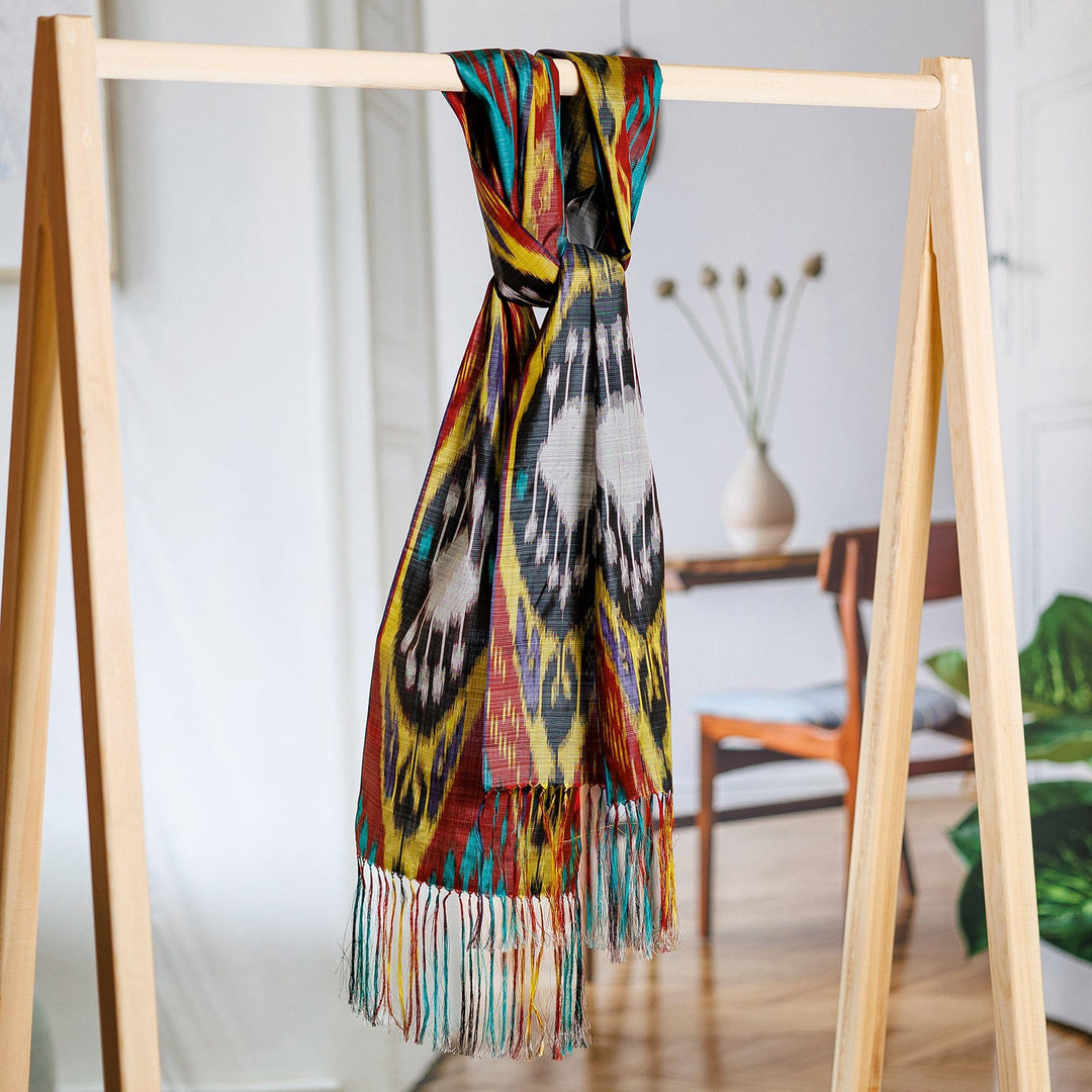 Handwoven Traditional Silk Scarf in Yellow and Red Hues - Yellow Samarkand Renaissance