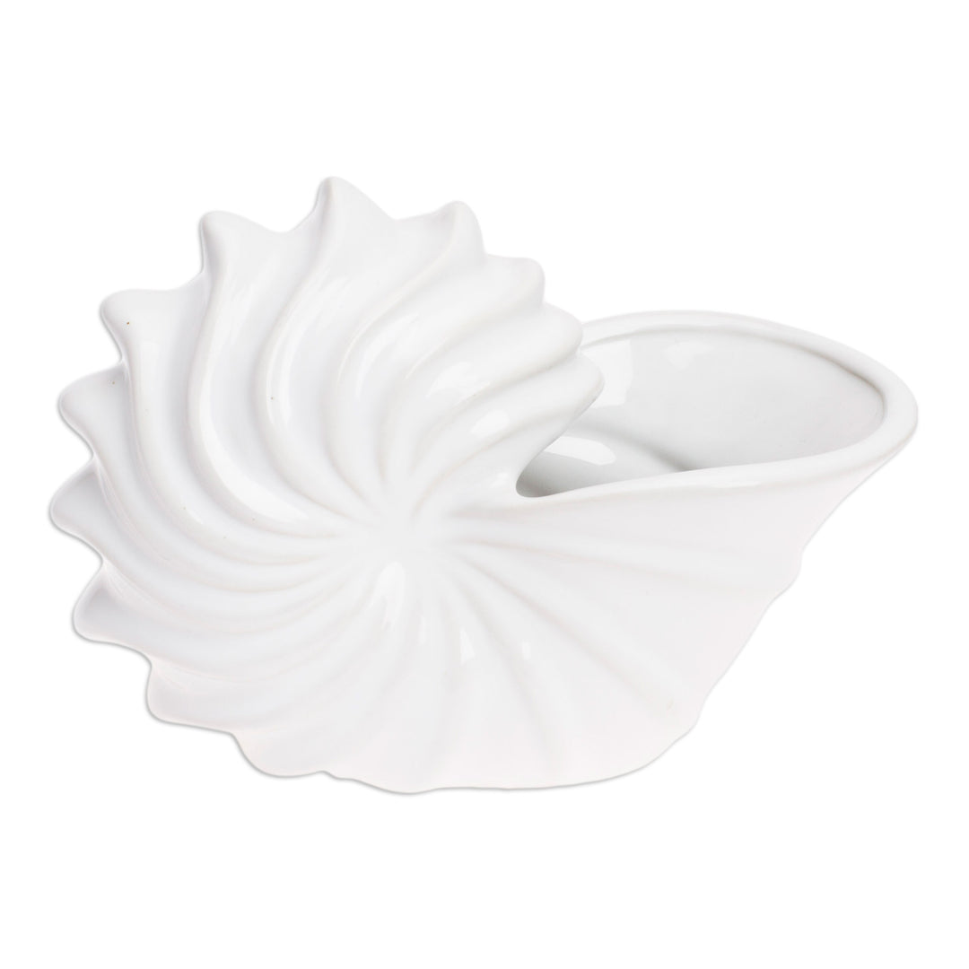 Handcrafted Shell-Shaped Ceramic Flower Pot in White - Naturally Shelly