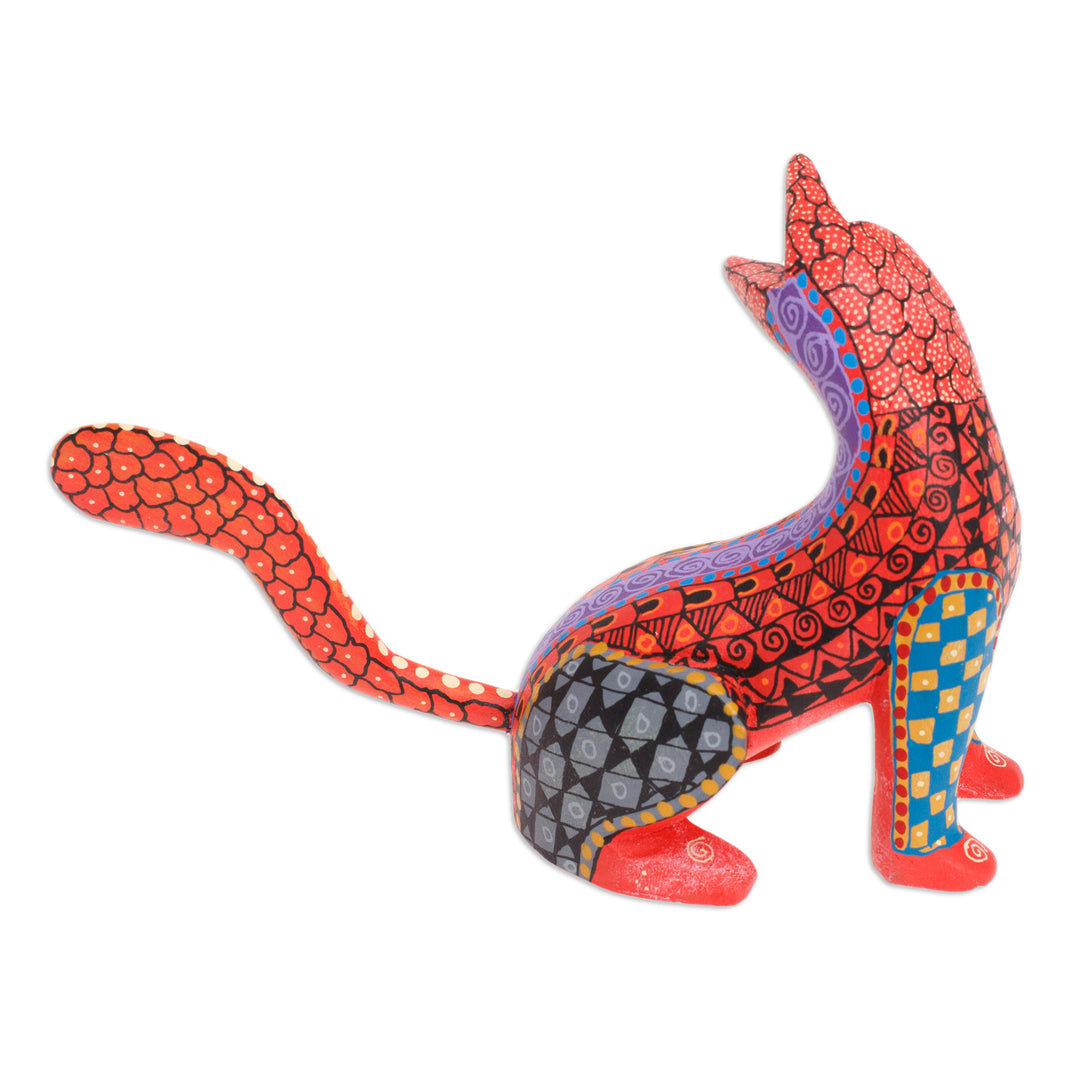 Wood Cat Alebrije Figurine in Red Hand-Painted in Mexico - Curious Cat in Red