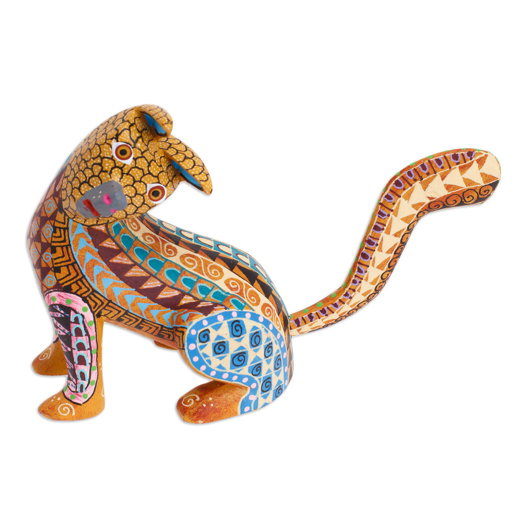 Wood Cat Alebrije Figurine in Amber Hand-Painted in Mexico - Curious Cat in Amber
