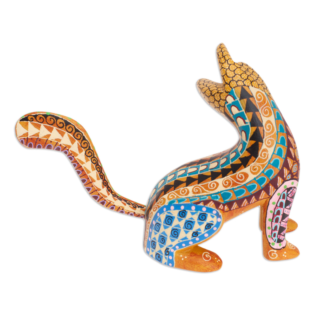 Wood Cat Alebrije Figurine in Amber Hand-Painted in Mexico - Curious Cat in Amber
