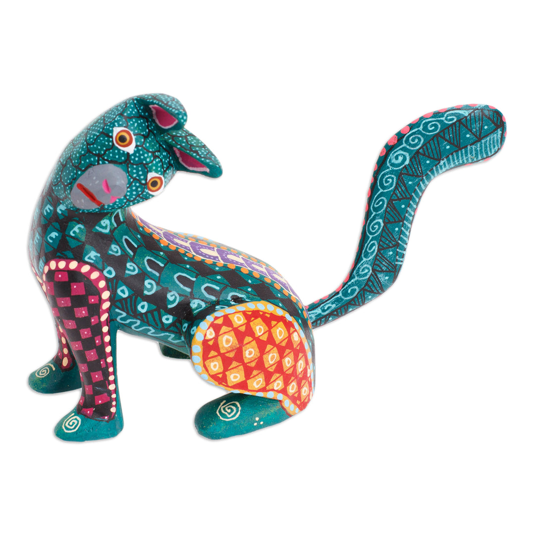 Wood Cat Alebrije Figurine in Green Hand-Painted in Mexico - Curious Cat in Green