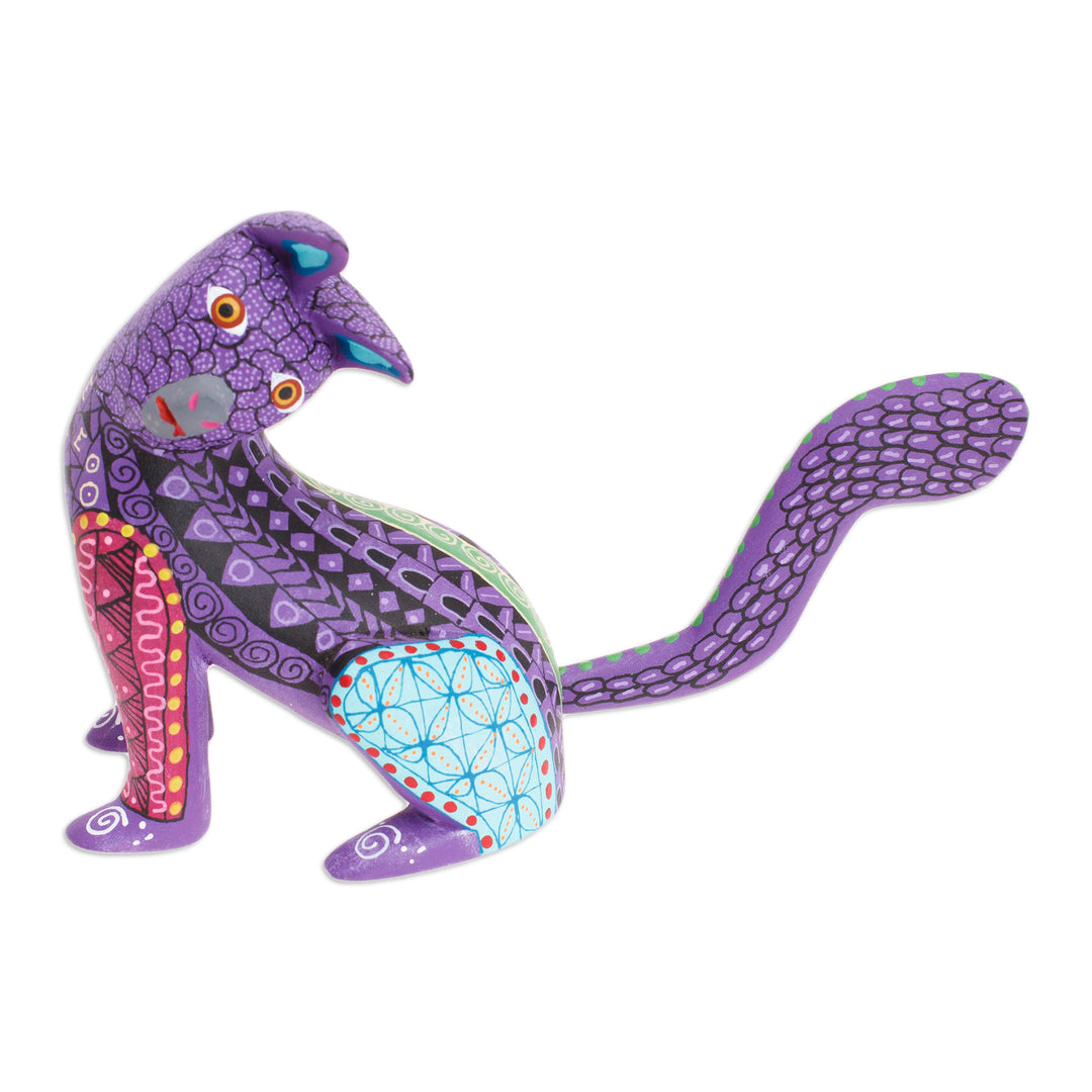Wood Cat Alebrije Figurine in Purple Hand-Painted in Mexico - Curious Cat in Purple