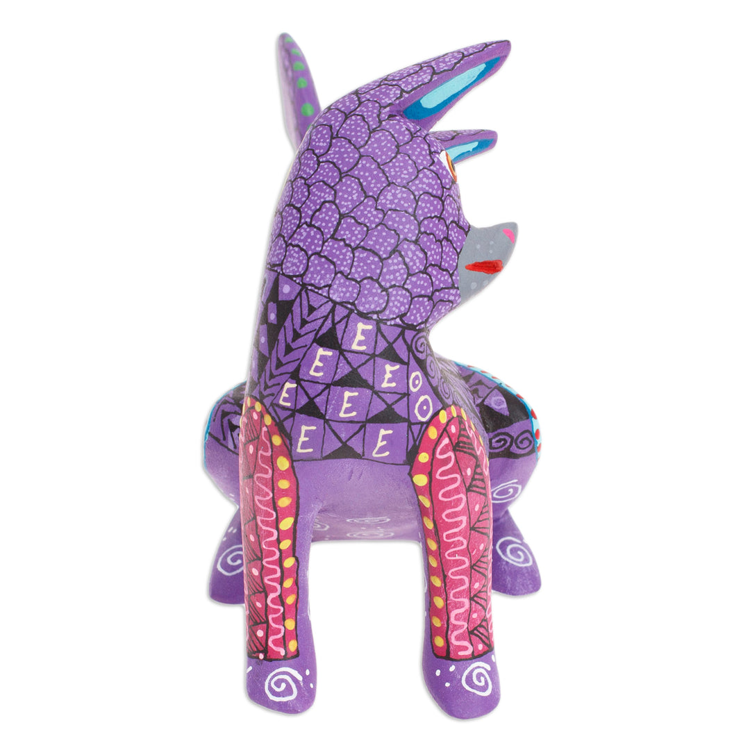 Wood Cat Alebrije Figurine in Purple Hand-Painted in Mexico - Curious Cat in Purple