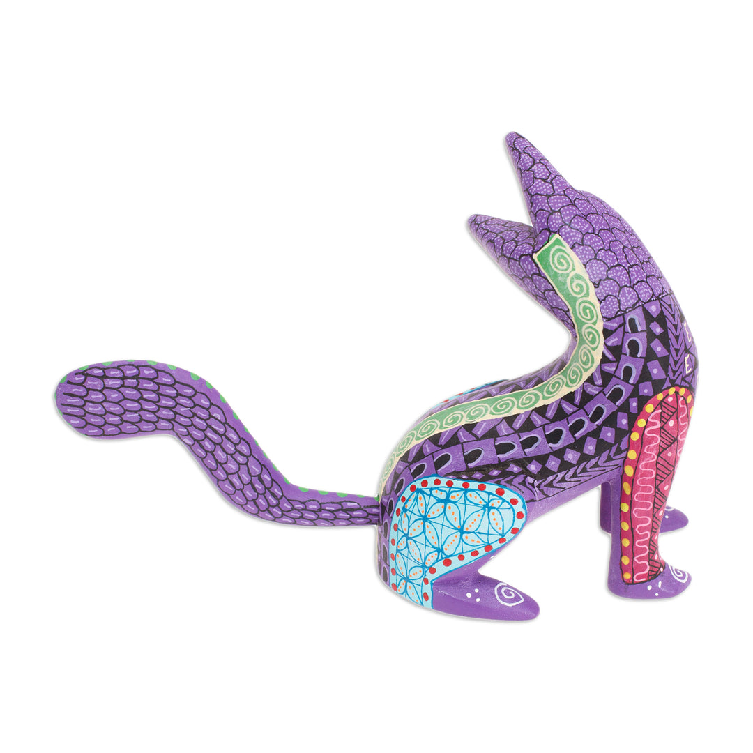 Wood Cat Alebrije Figurine in Purple Hand-Painted in Mexico - Curious Cat in Purple